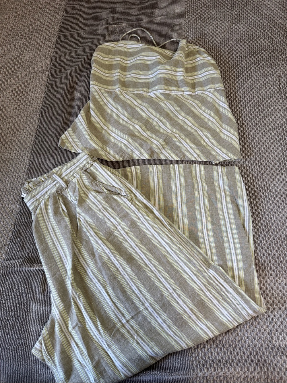 American Eagle Outfitters Olive and Cream Striped Strapless Top & Wide-Leg Pants